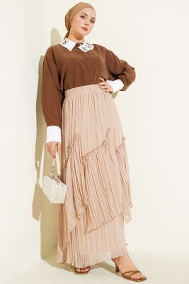 Parçalı Piliseli Şifon Etek Bej - Etek