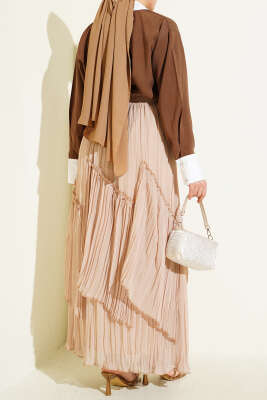 Parçalı Piliseli Şifon Etek Bej - Etek