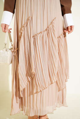 Parçalı Piliseli Şifon Etek Bej - Etek