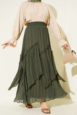 Parçalı Piliseli Şifon Etek Haki - ALİ AKKAYA