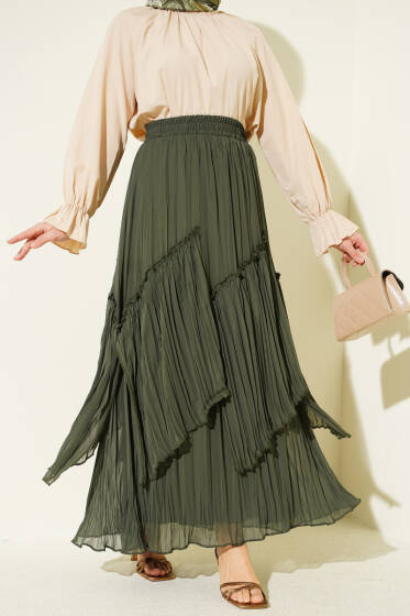 Parçalı Piliseli Şifon Etek Haki - Etek