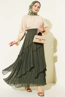 Parçalı Piliseli Şifon Etek Haki - Etek