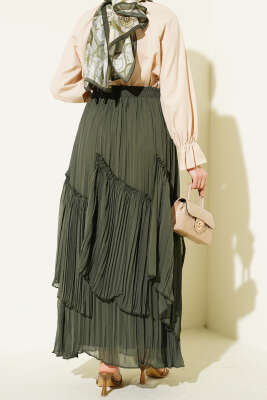 Parçalı Piliseli Şifon Etek Haki - Etek