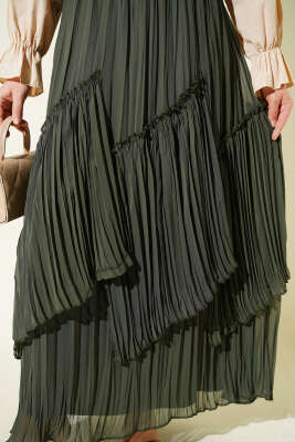 Parçalı Piliseli Şifon Etek Haki - Etek