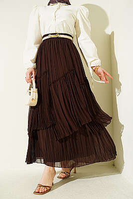 Parçalı Piliseli Şifon Etek Kahve - Etek