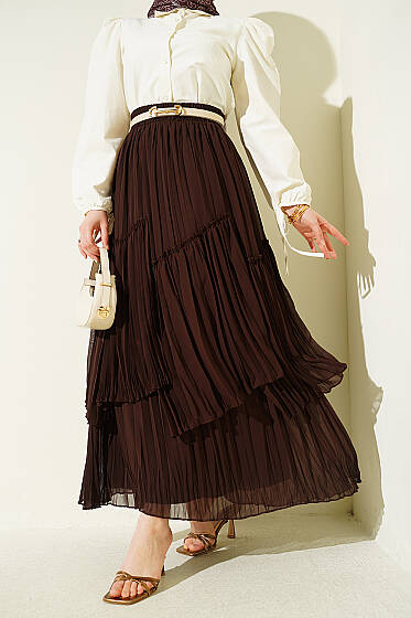 Parçalı Piliseli Şifon Etek Kahve - Etek