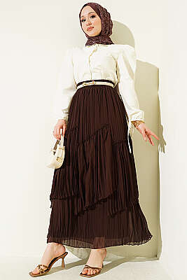 Parçalı Piliseli Şifon Etek Kahve - Etek