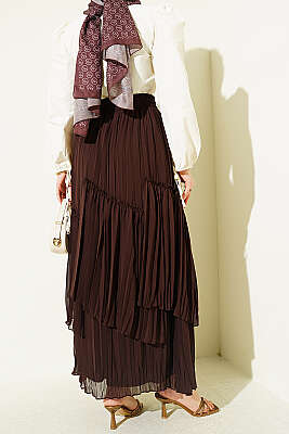 Parçalı Piliseli Şifon Etek Kahve - Etek