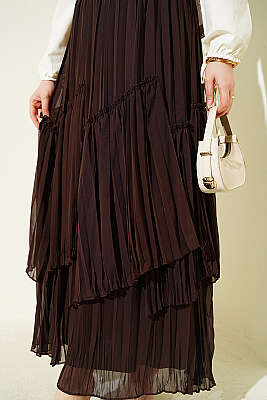 Parçalı Piliseli Şifon Etek Kahve - Etek