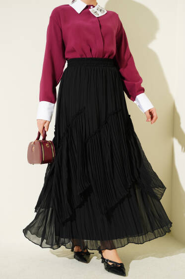 Parçalı Piliseli Şifon Etek Siyah - Etek