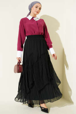 Parçalı Piliseli Şifon Etek Siyah - Etek