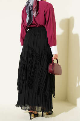 Parçalı Piliseli Şifon Etek Siyah - Etek