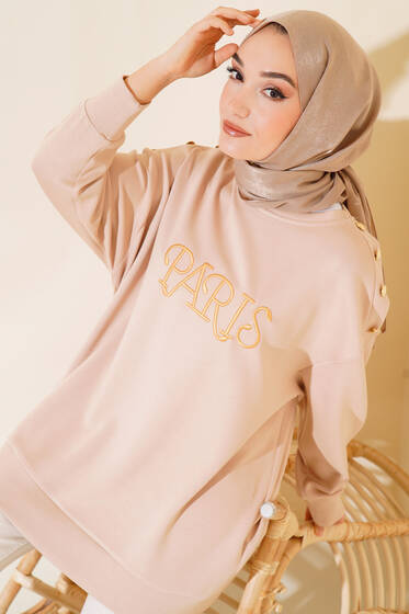 Paris Baskılı Tunik Bej - Tunik