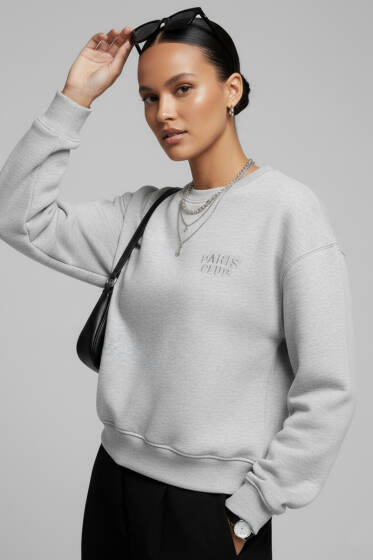 Paris İşlemeli 3 İplik Sweat Gri - Kadın Giyim Modelleri