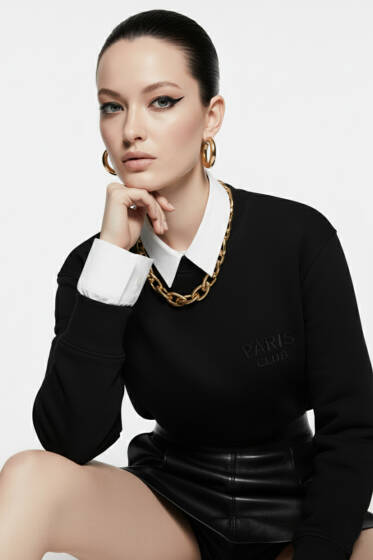 Paris İşlemeli 3 İplik Sweat Siyah - Kadın Giyim Modelleri