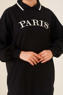 Paris Nakışlı Klasik Yaka Tunik Siyah - Thumbnail