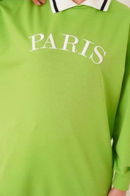Paris Nakışlı Klasik Yaka Tunik Yeşil - Thumbnail