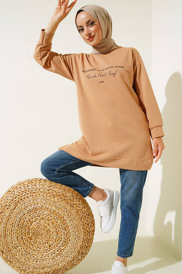 Paris Yazı Baskılı Tunik Camel - Tunik