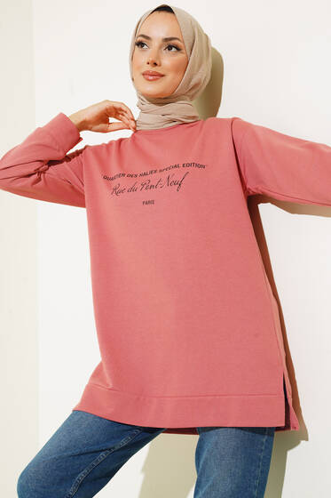 Paris Yazı Baskılı Tunik Gül Kurusu - Tunik