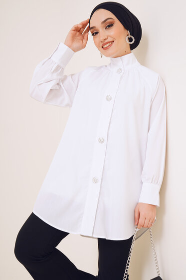 Parlak Çiçek Düğmeli Gömlek Beyaz - Gömlek