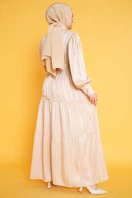 Parlak Çizgi Desenli Elbise Bej - Tesettür Elbise