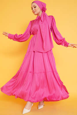 Parlak Çizgi Desenli Elbise Fuşya - TABA