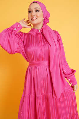 Parlak Çizgi Desenli Elbise Fuşya - Tesettür Elbise