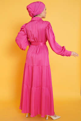 Parlak Çizgi Desenli Elbise Fuşya - Tesettür Elbise