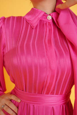 Parlak Çizgi Desenli Elbise Fuşya - Tesettür Elbise