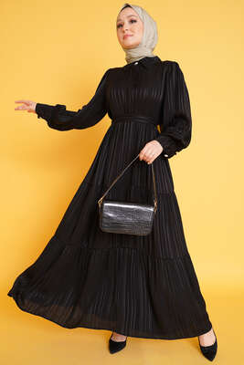 Parlak Çizgi Desenli Elbise Siyah - Tesettür Elbise