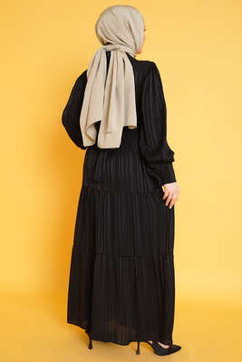 Parlak Çizgi Desenli Elbise Siyah - Tesettür Elbise