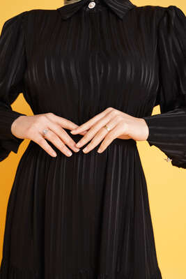 Parlak Çizgi Desenli Elbise Siyah - Tesettür Elbise