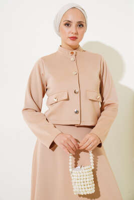 Parlak Düğmeli Scuba Etekli Takım Camel - Triko İkili Takım