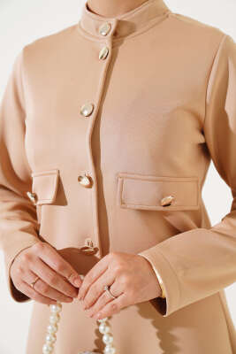 Parlak Düğmeli Scuba Etekli Takım Camel - Triko İkili Takım