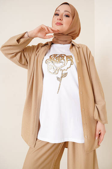 Parlak Gül Desenli Tshirt Beyaz - T-Shirt