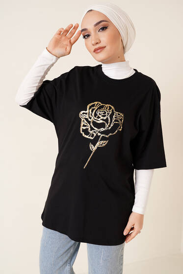 Parlak Gül Desenli Tshirt Siyah - T-Shirt