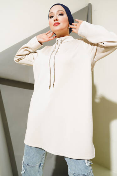 Parlak İpli Scuba Tunik Bej - Tunik