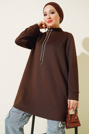 Parlak İpli Scuba Tunik Kahve - Tunik