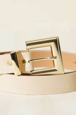 Parlak Kare Tokalı Kemer Bej - Deri Kemer