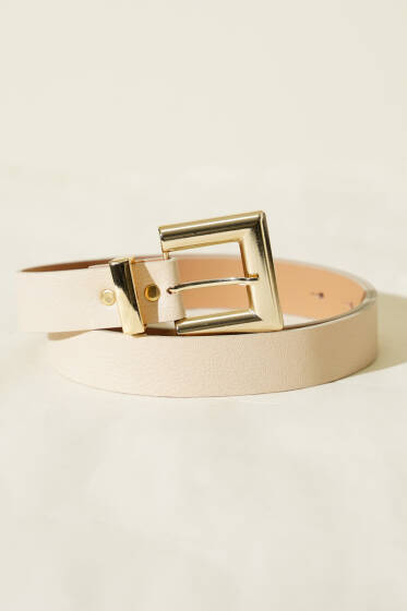 Parlak Kare Tokalı Kemer Bej - Yılın Fırsatı