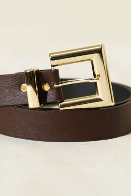 Parlak Kare Tokalı Kemer Kahve - Deri Kemer