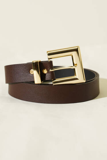 Parlak Kare Tokalı Kemer Kahve - Yılın Fırsatı