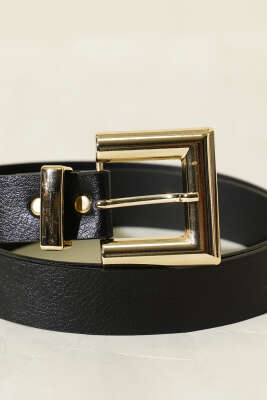 Parlak Kare Tokalı Kemer Siyah - Deri Kemer