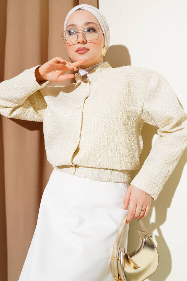 Parlak Kırışık Doku Kısa Ceket Bej - Ceket