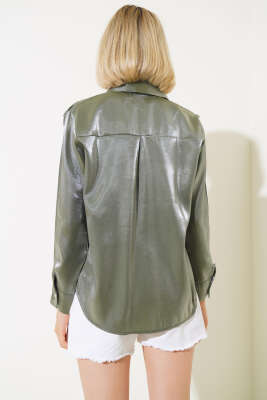 Parlak Kısa Gömlek Haki - Kadın Giyim Modelleri