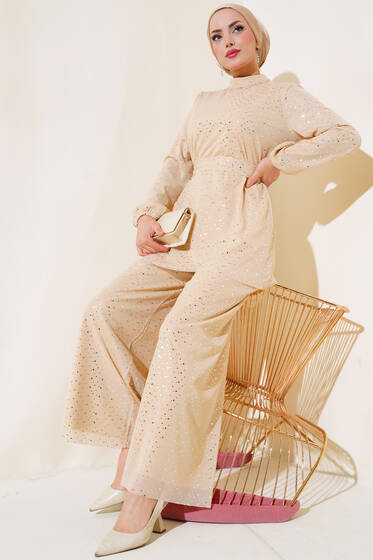 Parlak Puantiyeli İkili Takım Krem - İKİLİ TAKIM