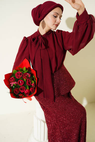 Parlak Pul Detaylı Abiye İkili Takım Bordo - İkili Takım