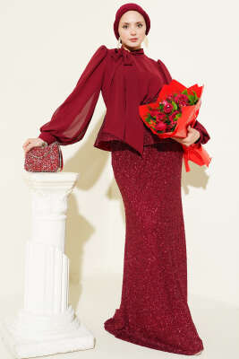 Parlak Pul Detaylı Abiye İkili Takım Bordo - İkili Takım