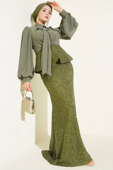Parlak Pul Detaylı Abiye İkili Takım Çağla Yeşili - İkili Takım