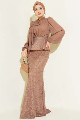 Parlak Pul Detaylı Abiye İkili Takım Kahve - CNR TEKSTİL